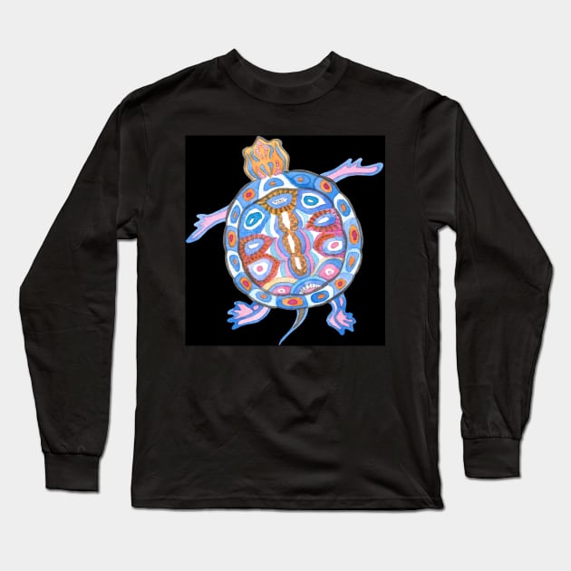 Sea Turtle - Folk Blue & Black Palette Long Sleeve T-Shirt by andreeadumez